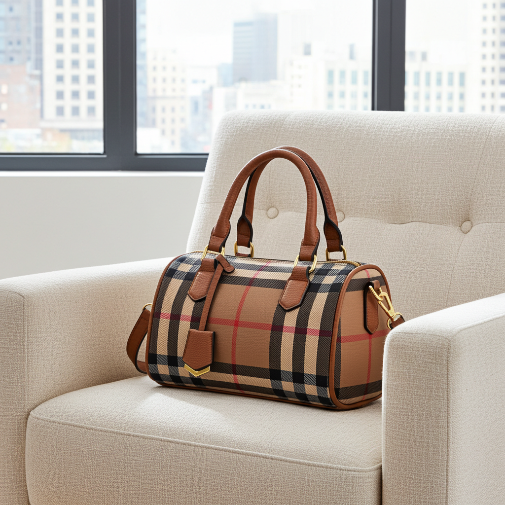 Vegan Leather Stripe Plaid Barrel Bag Crossbody