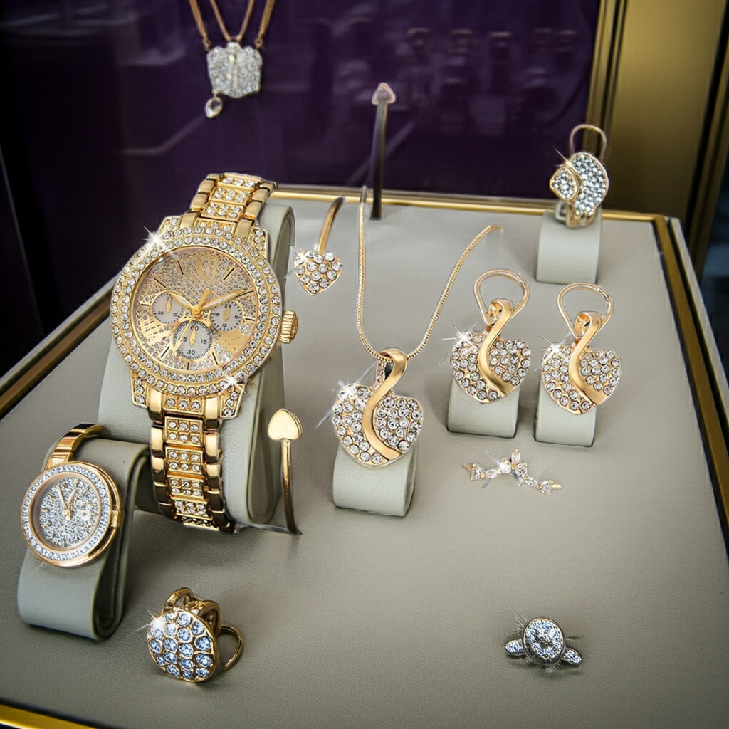 Women's Sparkling Quartz Watch & Jewelry Set – Ring, Necklace & Earrings