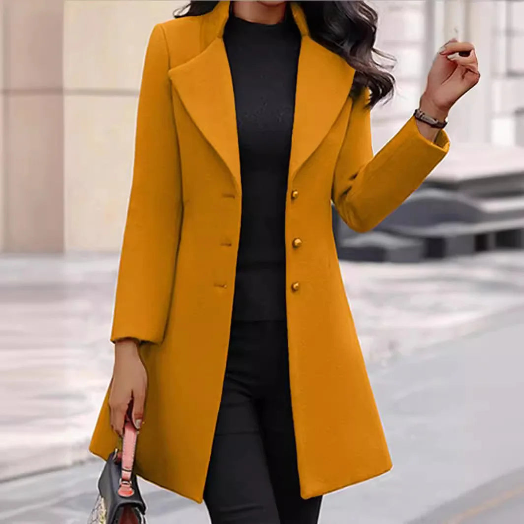 Person wearing a mustard yellow coat in an indoor setting
