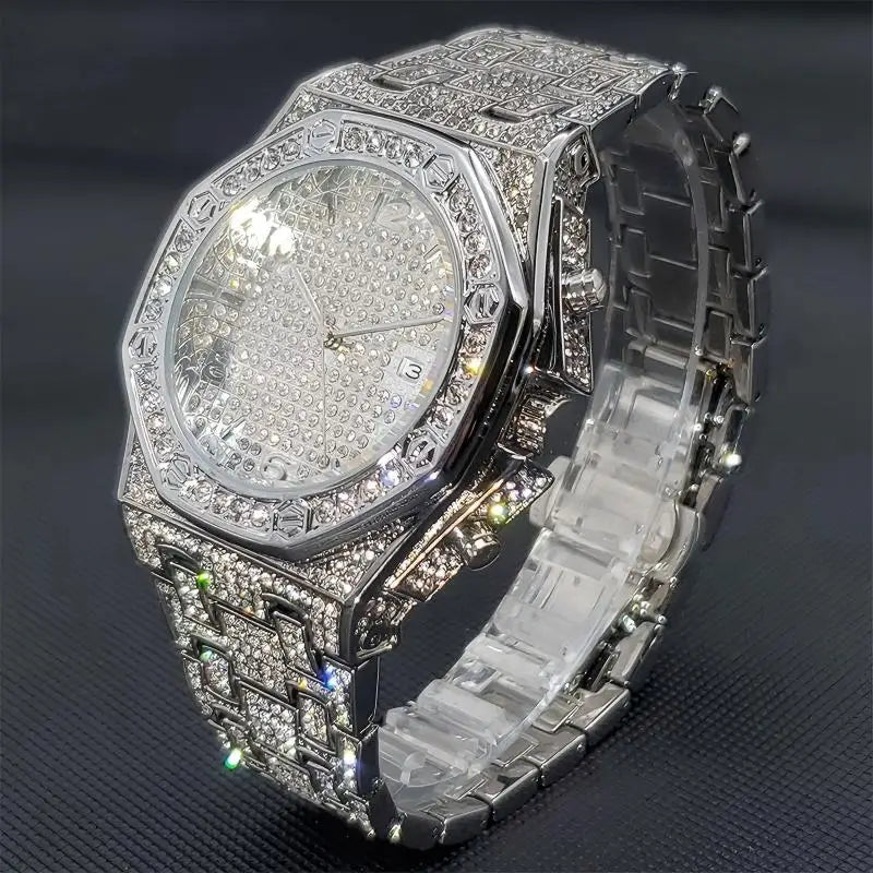 Men's Iced Diamond Gold Quartz Watch — Luxury Calendar Wristwatch