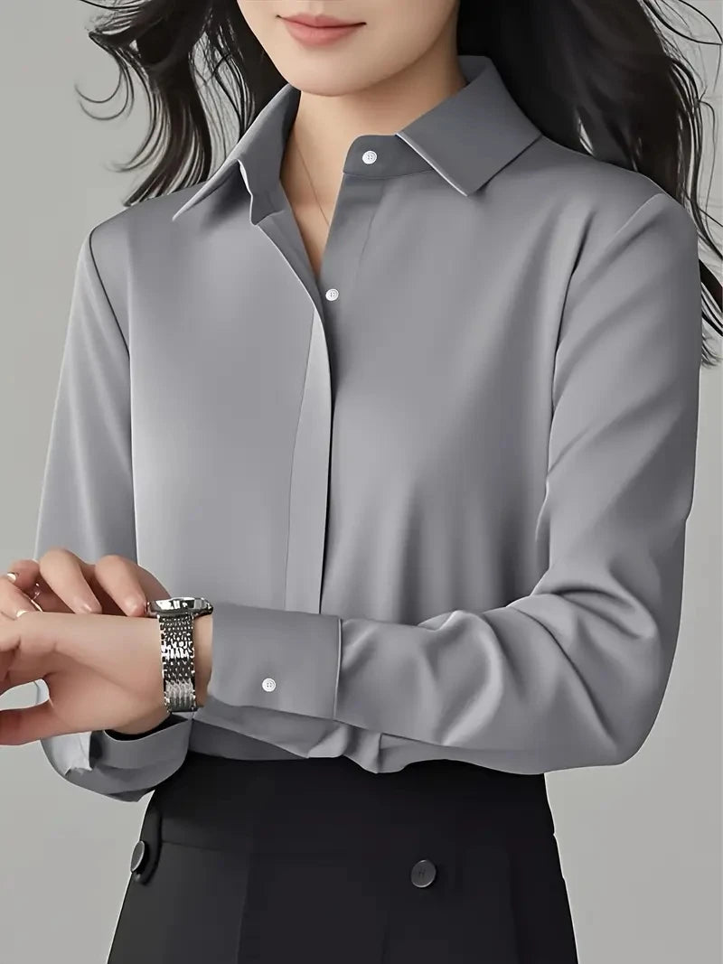 Women's Long-Sleeve Office Blouse – Solid Polyester Button-Up Top