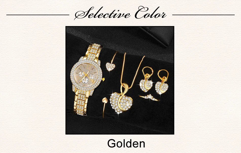 Gold jewelry set including a watch and earrings on a Black background with 'Selective Color Golden' text.