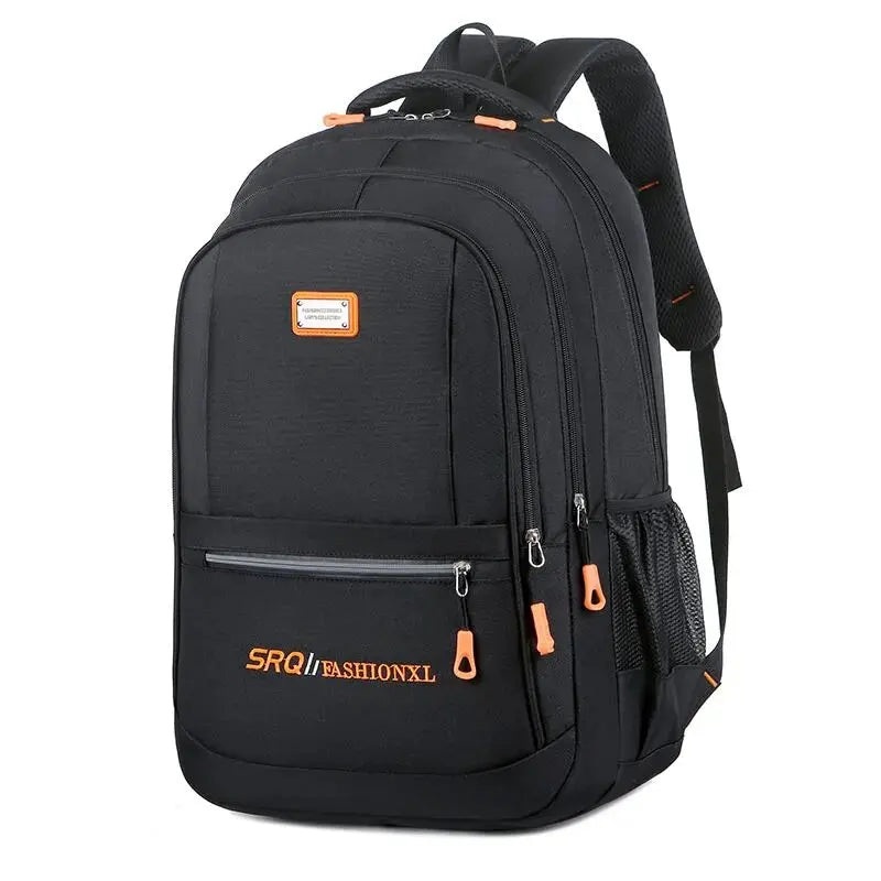 Black backpack with orange accents and 'SRQ Fashion' branding on a White background