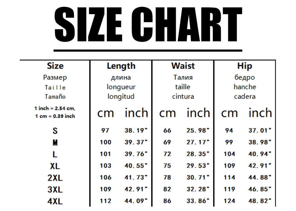 Size chart for clothing with measurements in inches and centimeters.