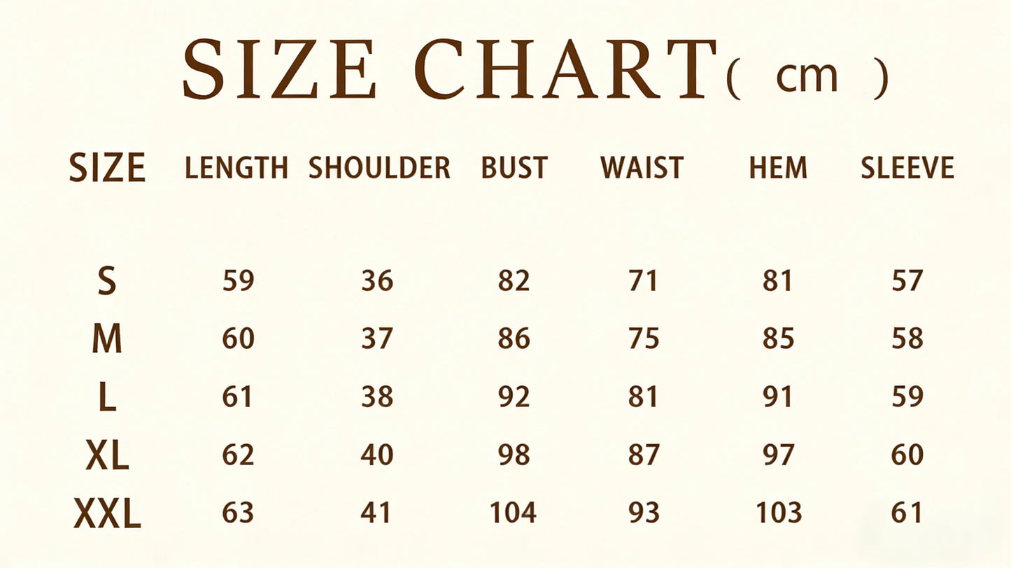 Size chart for clothing measurements in centimeters