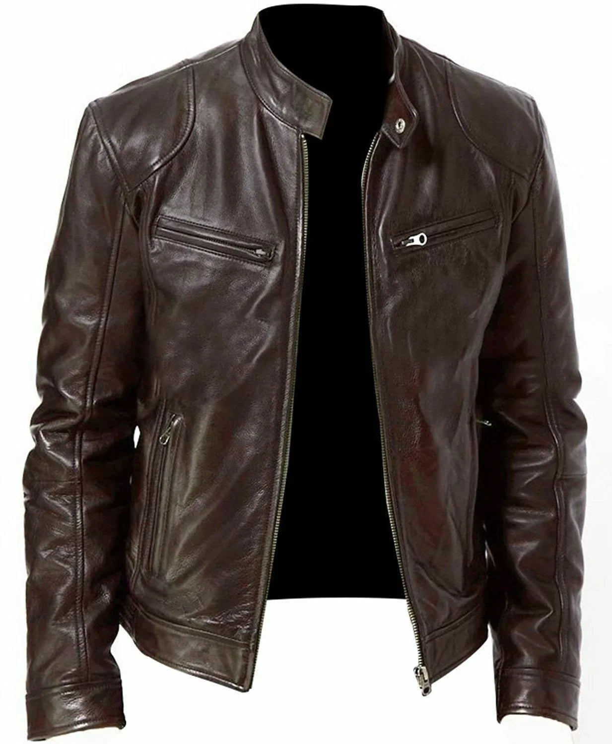 Atlantis Men's PU Leather Bomber Jacket in Brown — Front View