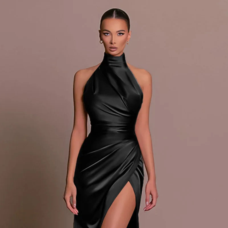 Women's Satin Halter Maxi Dress with High Slit