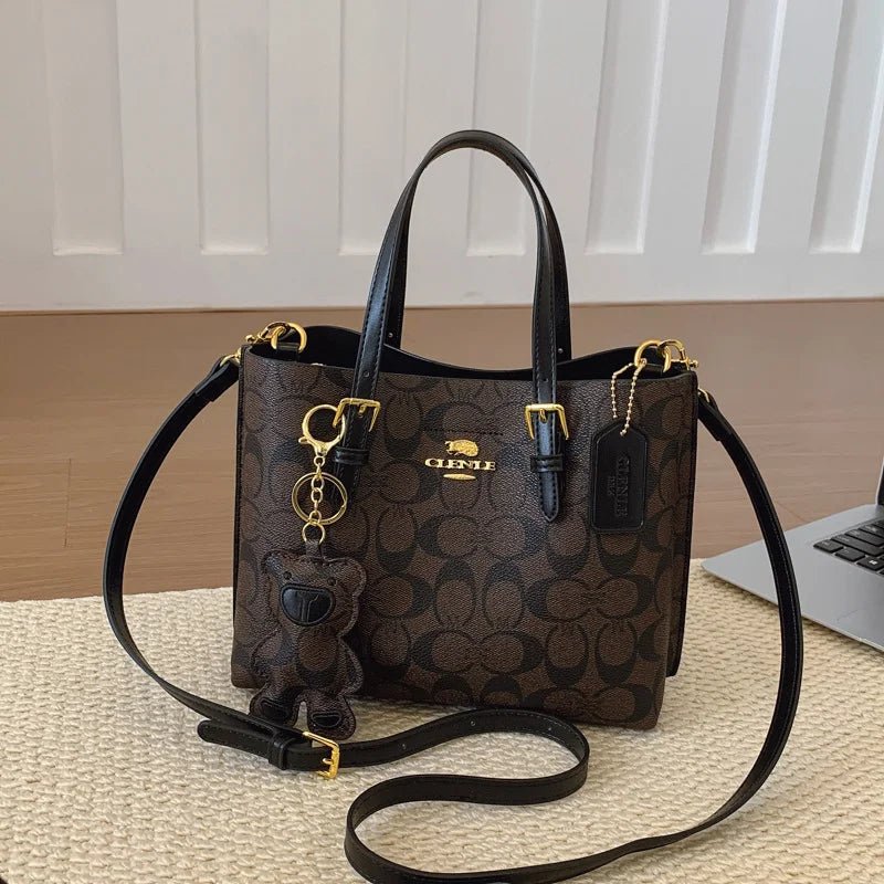Women's Monogram Tote Bag – Retro Leather Trim with Detachable Strap