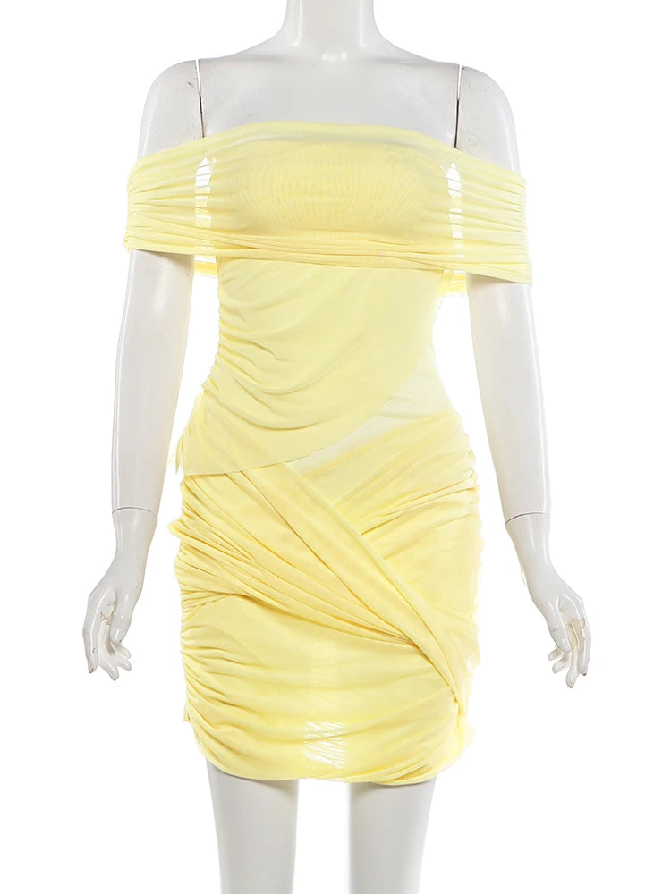 Women's Patchwork Mesh Slash Neck Mini Bodycon Dress