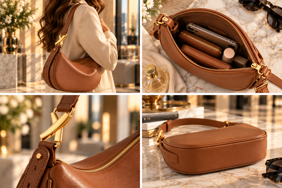 Caramel crescent leather crossbody bag strap interior and base details
