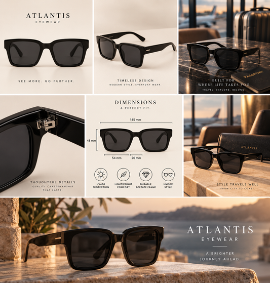 Atlantis square UV400 sunglasses premium travel editorial gallery