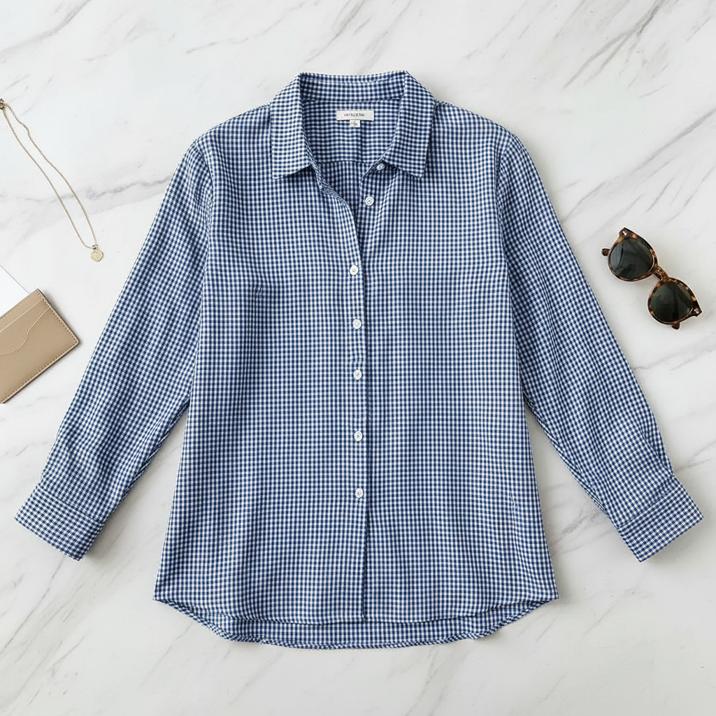 Blue plaid shirt flat lay