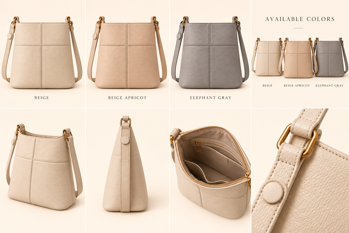 Women's Leather Bucket Shoulder Bag available colors: Beige, Beige Apricot, and Elephant Gray