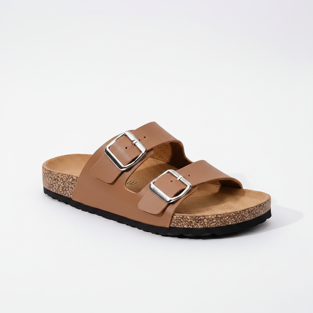 Chocolate women's cork sandals — adjustable double buckle straps from Atlantis