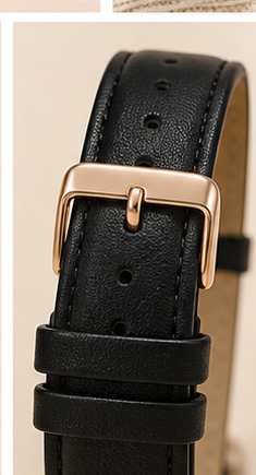 Black strap and buckle detail on women's minimalist quartz watch