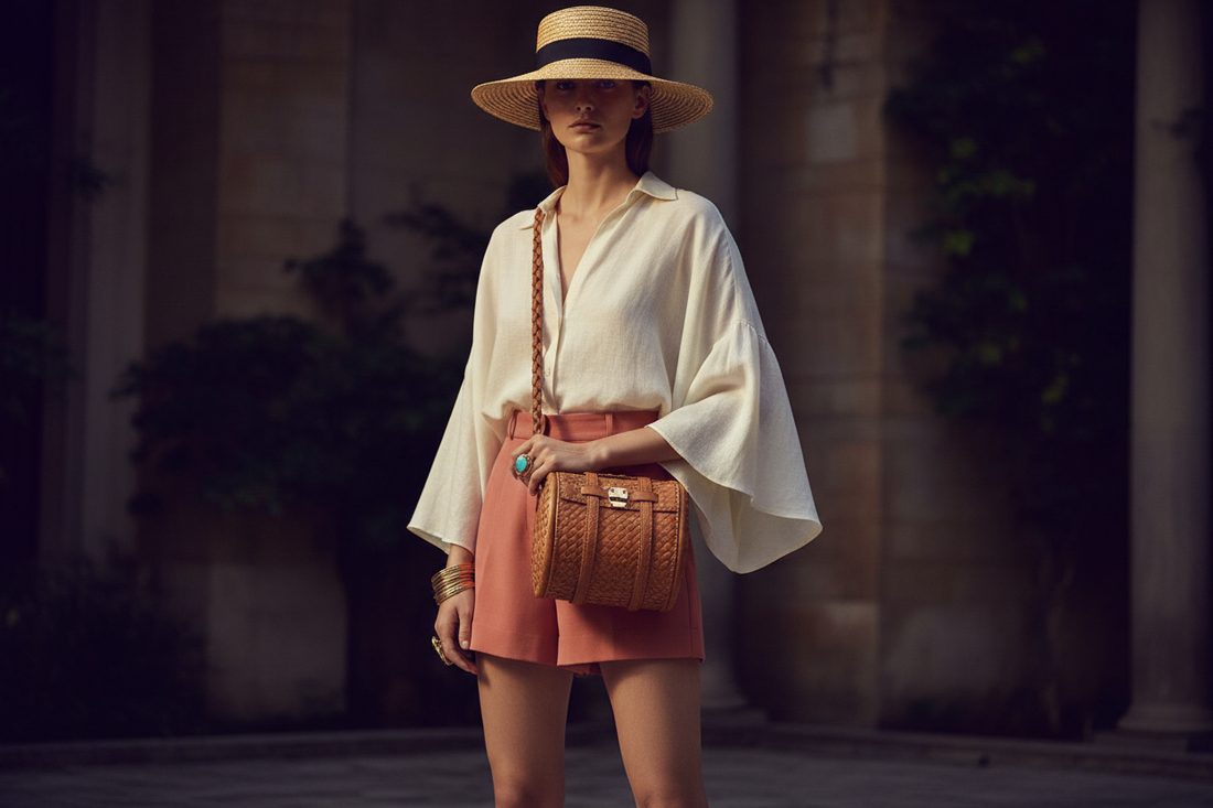 Stylish barrel bag styled with a summer outfit on a dark background with soft cinematic lighting, high-end fashion accessories editorial