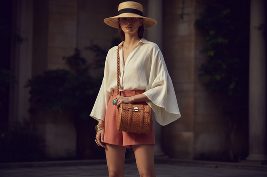 Stylish barrel bag styled with a summer outfit on a dark background with soft cinematic lighting, high-end fashion accessories editorial