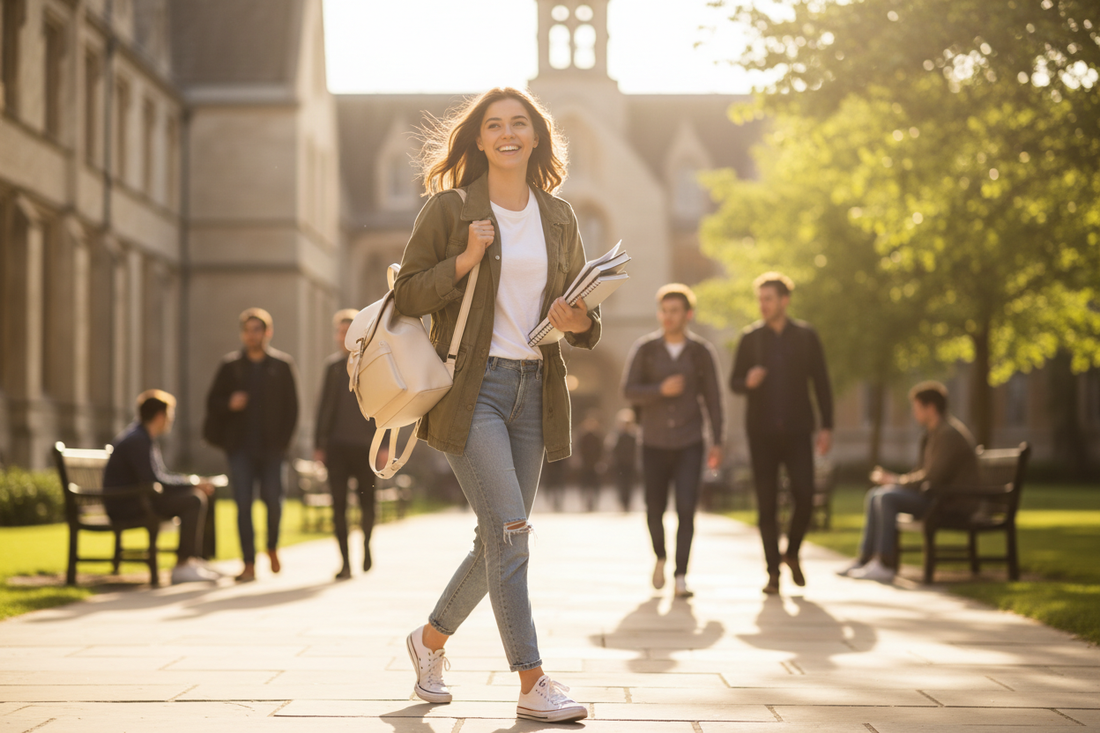 College student walking across campus with a stylish backpack — best bags for college guide from Atlantis