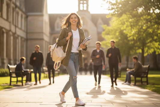 College student walking across campus with a stylish backpack — best bags for college guide from Atlantis
