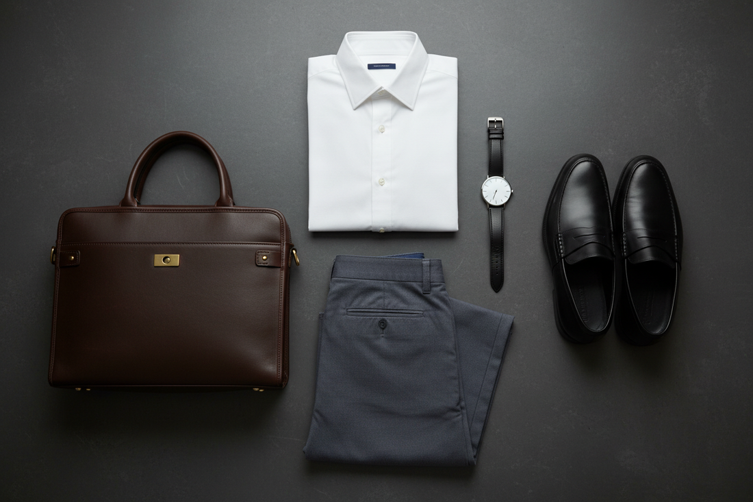 Men's office style flat lay featuring a minimalist watch, structured business bag, slim chinos and Oxford shirt on a dark charcoal surface