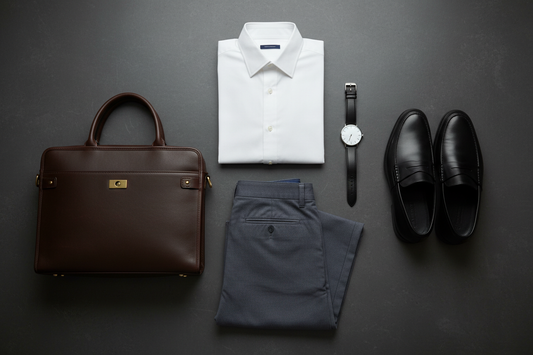 Men's office style flat lay featuring a minimalist watch, structured business bag, slim chinos and Oxford shirt on a dark charcoal surface