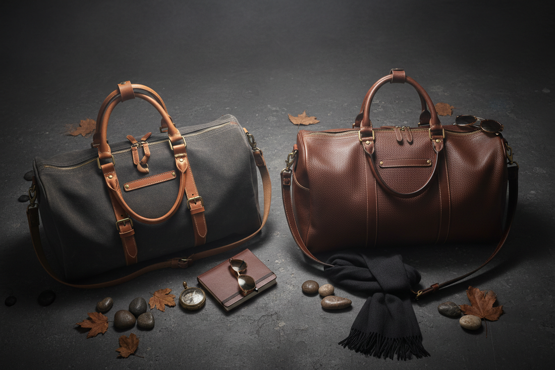 Canvas and leather bags side by side on a dark surface with moody studio lighting, premium fashion bag comparison editorial