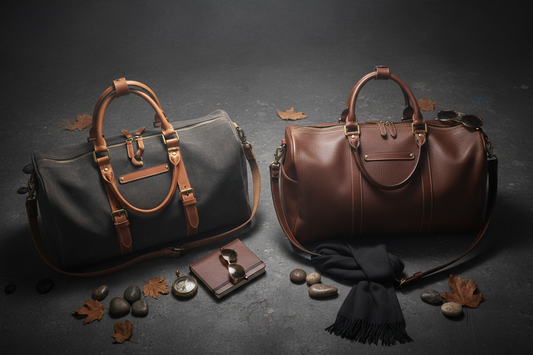 Canvas and leather bags side by side on a dark surface with moody studio lighting, premium fashion bag comparison editorial