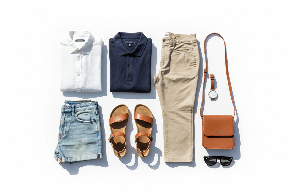 Summer capsule wardrobe flat lay featuring linen shirt, navy polo, chinos, cork sandals, minimalist watch, crossbody bag and sunglasses on white background