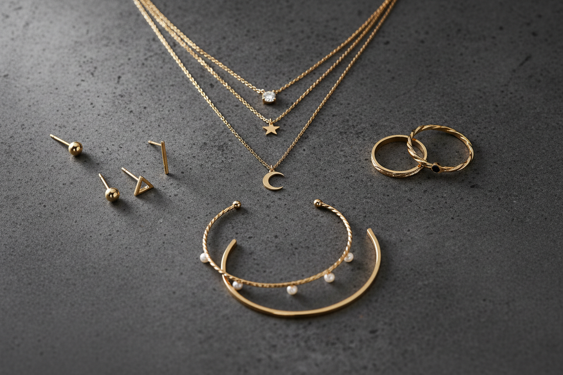 Delicate everyday jewelry collection featuring gold necklaces, stud earrings, simple rings and bracelets on a dark surface with soft dramatic lighting