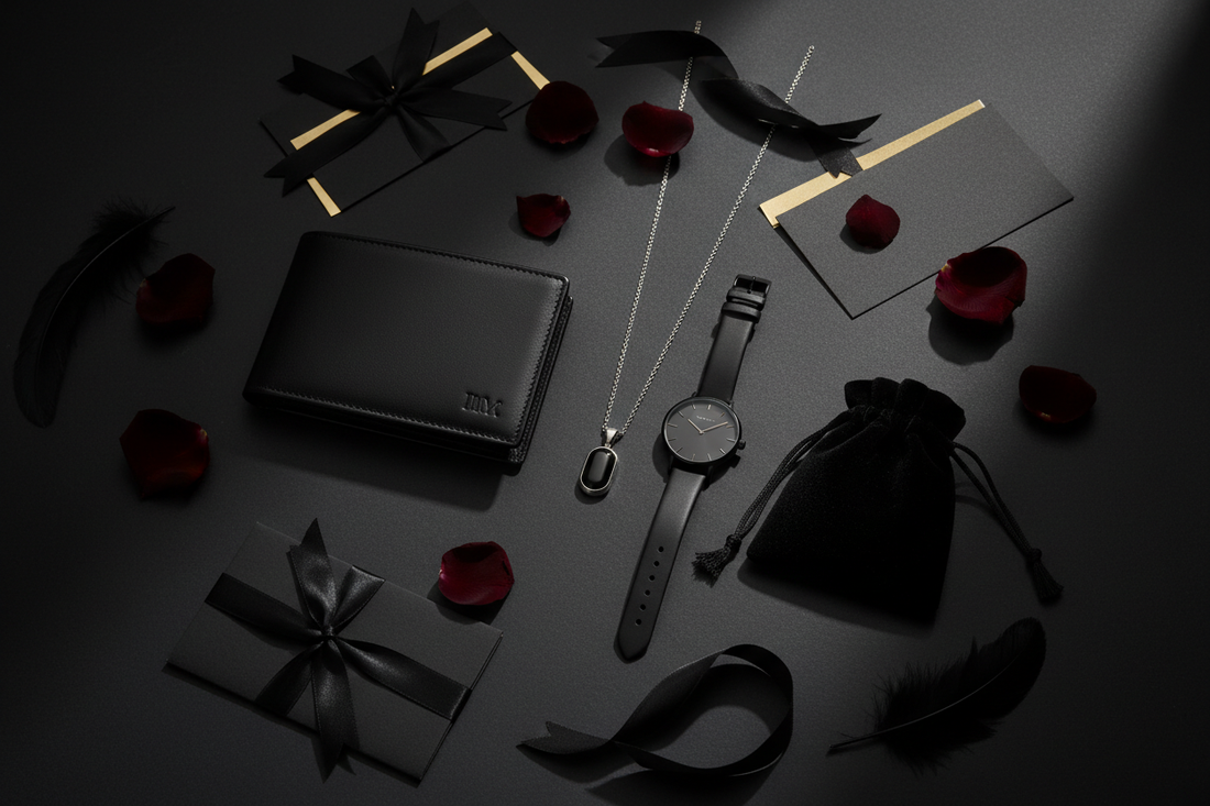 Stylish fashion gift selection under $50 including a wallet, watch, jewelry, and small bag arranged on a dark surface with moody cinematic lighting