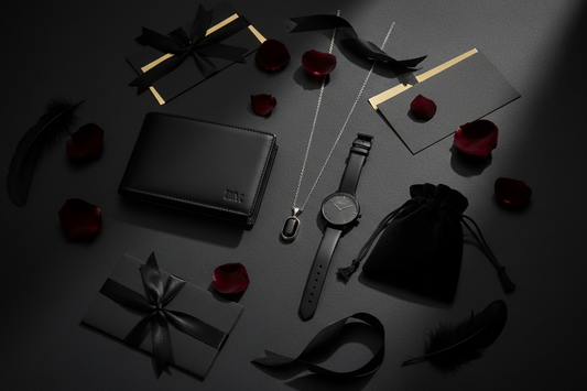 Stylish fashion gift selection under $50 including a wallet, watch, jewelry, and small bag arranged on a dark surface with moody cinematic lighting