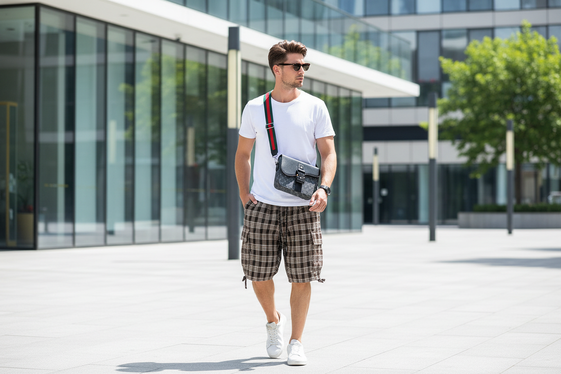 Man wearing cargo shorts and a crossbody sling bag in a sunny urban outdoor setting