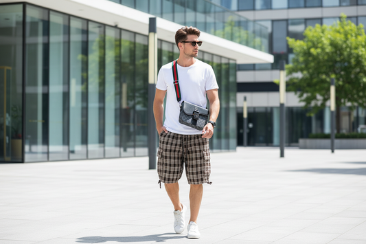 Man wearing cargo shorts and a crossbody sling bag in a sunny urban outdoor setting