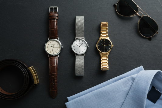 Watch styling flat lay featuring silver mesh, brown leather and gold dress watches with a linen shirt, belt and sunglasses on dark slate