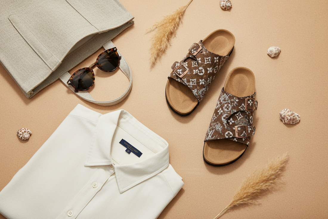 Summer flat lay styling guide featuring cork footbed sandals and monogram buckle sandals with linen accessories on a sandy background
