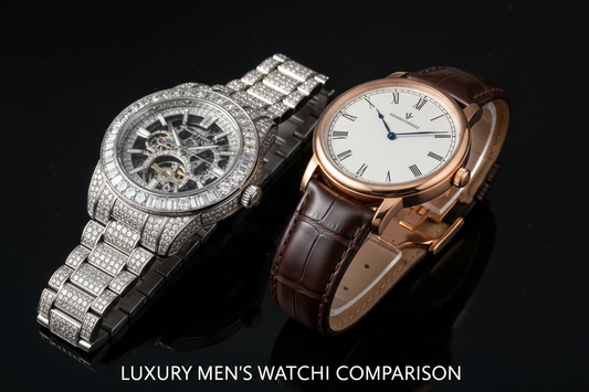 Iced out diamond encrusted watch alongside a classic elegant dress watch on a dark surface with dramatic studio lighting, luxury men's watch comparison editorial