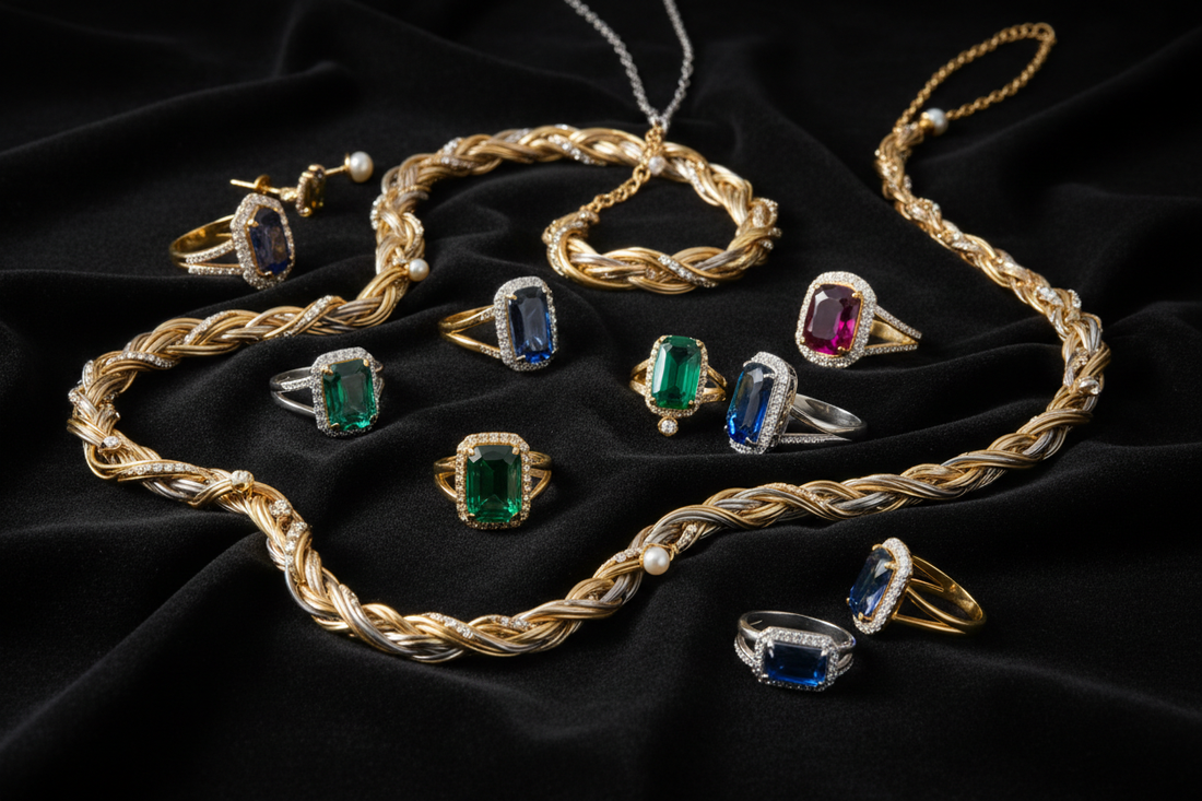 Luxury gold and silver jewelry collection including necklaces, rings, and earrings on a dark background with soft dramatic studio lighting