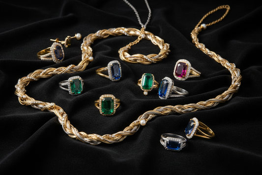 Luxury gold and silver jewelry collection including necklaces, rings, and earrings on a dark background with soft dramatic studio lighting