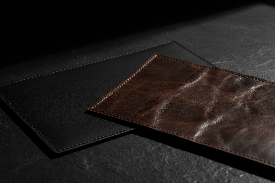 Close-up comparison of PU leather and genuine leather bag textures side by side on a dark surface
