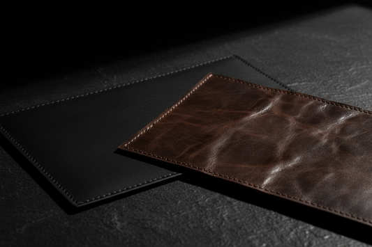 Close-up comparison of PU leather and genuine leather bag textures side by side on a dark surface