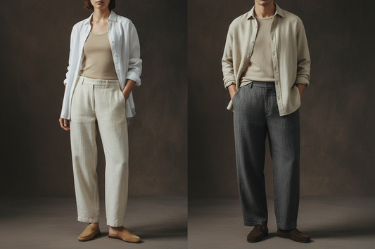 Linen trousers styled with a relaxed shirt and loafers in neutral tones on a dark background with soft cinematic lighting, men's and women's fashion editorial