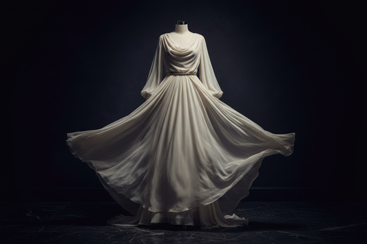 Elegant flowing maxi dress in a neutral tone against a dark background with soft dramatic lighting, high-end women's fashion editorial