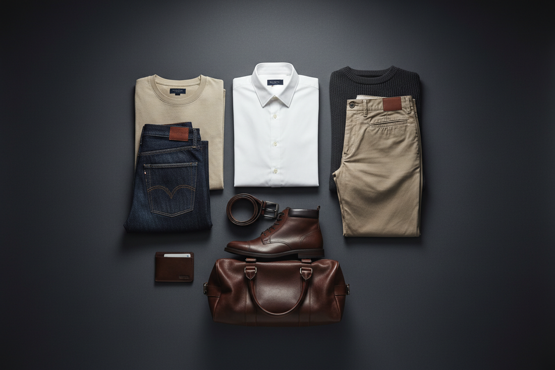 Men's capsule wardrobe flat lay featuring neutral tones — white shirt, dark jeans, chinos, leather accessories on a dark surface with moody studio lighting