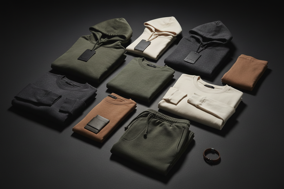 Men's casual clothing flat lay featuring hoodies, shirts, and lounge sets in neutral tones on a dark background with moody studio lighting