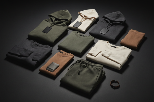 Men's casual clothing flat lay featuring hoodies, shirts, and lounge sets in neutral tones on a dark background with moody studio lighting