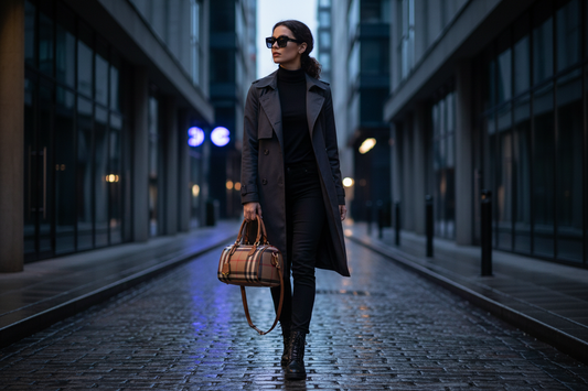 Woman holding a premium vegan leather barrel bag in an urban setting