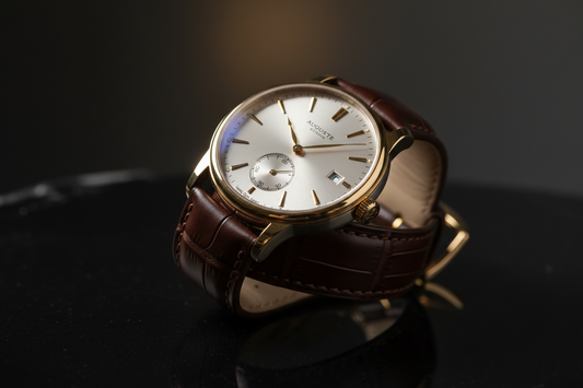 Elegant men's dress watch with leather strap on a dark surface with dramatic side lighting, luxury timepiece editorial photography