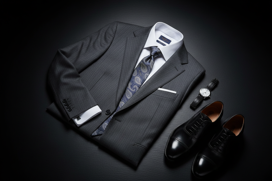 Sharp men's business outfit with tailored suit jacket, dress shirt, and leather shoes on a dark surface with dramatic studio lighting