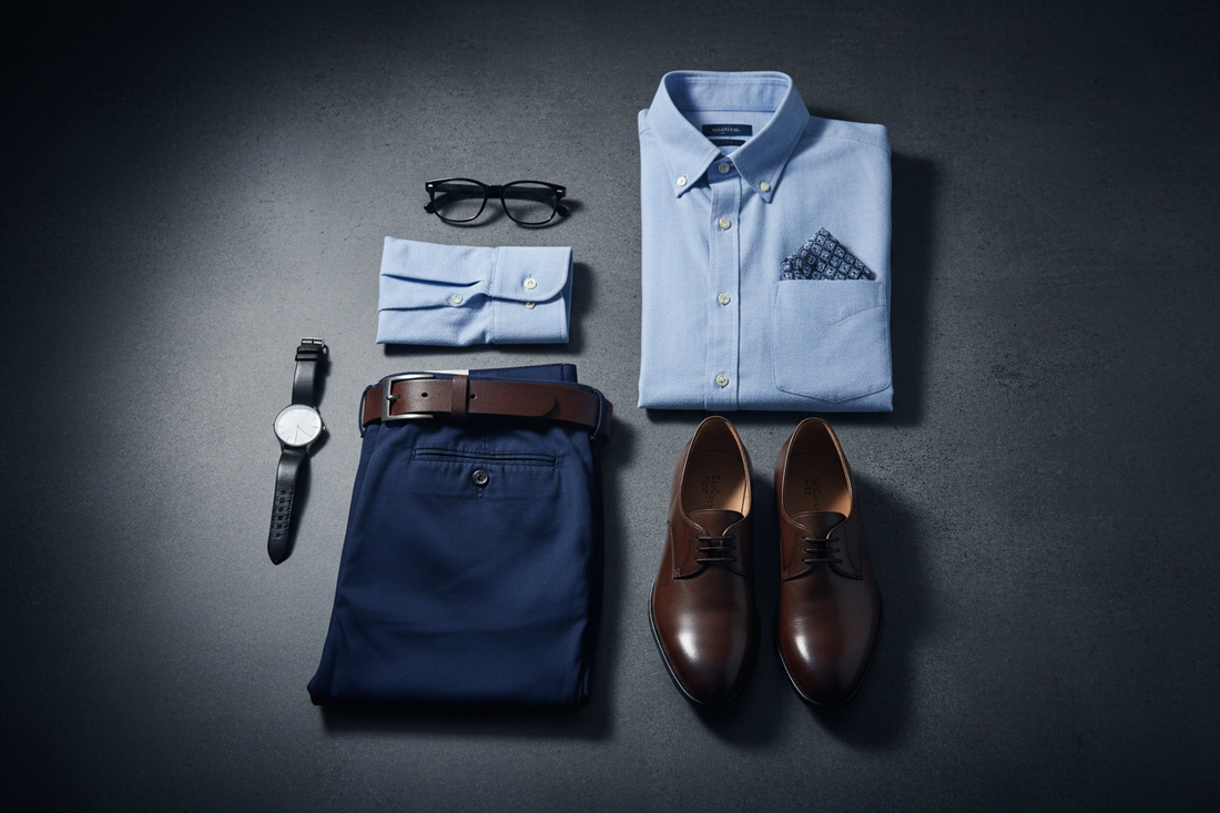 Men's smart casual office outfit flat lay with chinos, Oxford shirt, leather belt, watch, and loafers on a dark background with moody studio lighting