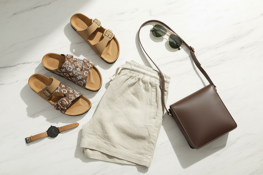 Men's summer footwear flat lay featuring cork footbed sandals and monogram slides with a watch, sunglasses and crossbody bag on marble